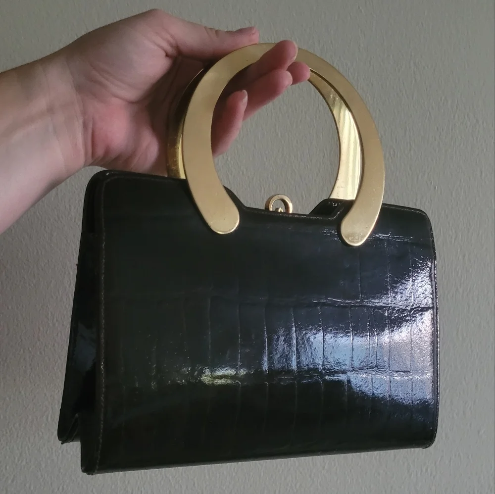 Vintage faux crocodile Block brand women's purse gold tone handle bag - Picture 1 of 14